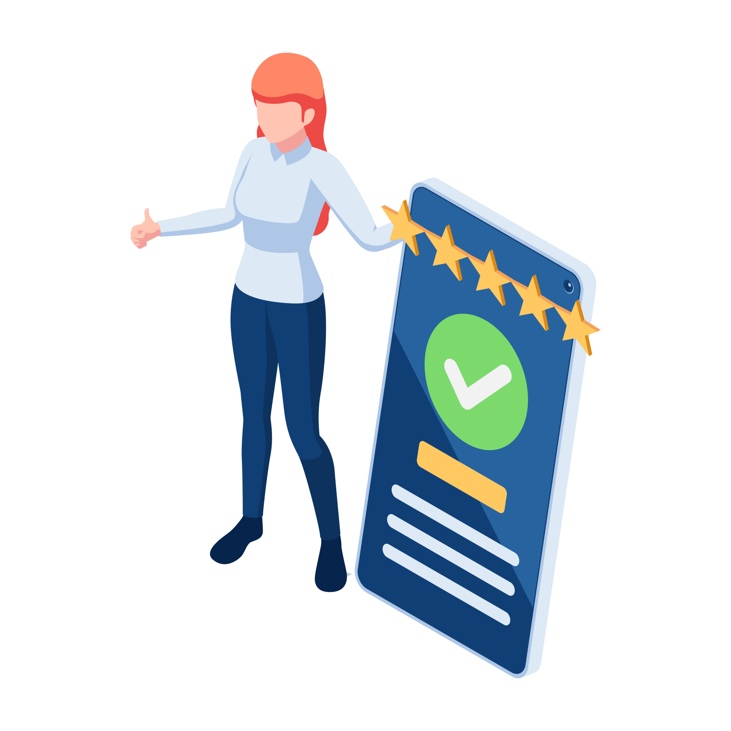 Flat 3d Isometric Woman Customer Writing a Comment and Giving Five Star Feedback on Smartphone. Customer Feedback and User Experience Concept